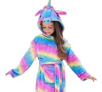 Unyqoos® Mastersøn® Peignoir pour enfant en forme de licorne, en polaire 100% polyester, de couleur vive (arc-en-ciel), avec capuche ornée d'une corne, ceinture à la taille, taille 110/116