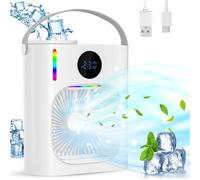 Unyqoos® Mini-climatiseur portable 4-en-1 compact – Refroidisseur d'air avec brume rafraîchissante et veilleuse à 7 couleurs, réservoir de 900 ml, 3 vitesses, minuterie 2-12 heures, 9 W, 35 dB, USB