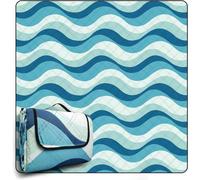 Unyqoos® - Nappe de pique-nique XXL 200 x 200 cm – imperméable, anti-sable, isolante – motif à vagues bleu clair, en pongé/coton/PEVA, pliable de manière compacte, idéale pour le camping et la plage