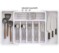 Unyqoos® Organisateur de tiroir à couverts extensible – réglable de 33 à 57 cm, en PP sans BPA, jusqu'à 9 compartiments, facile à nettoyer, clips anti-déplacement, pour la cuisine et le bureau