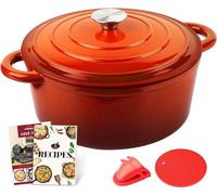 Unyqoos® Overmont, cocotte en fonte émaillée, diamètre 26 cm, avec couvercle, couleur orange – idéale pour braiser, saisir et cuire au four, inclut un livre de recettes et des accessoires en silicone
