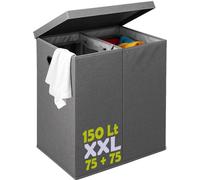 Unyqoos® Panier à linge 150 L – Grand panier à linge avec 2 compartiments, poches amovibles, couvercle anti-odeurs et poignées en métal, idéal pour la salle de bain et la buanderie