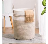 Unyqoos® Panier à linge en coton fait à la main, 58 litres, Ø 38 × H 50 cm – Panier de rangement stable en corde de coton avec poignées de transport, gris-brun