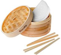 Unyqoos® Panier à vapeur en bambou de 25 cm – Cuiseur vapeur en bambou à 2 niveaux avec couvercle, 2 paires de baguettes, une pince et 50 feuilles de cuisson – idéal pour les dim sum, les légumes, le