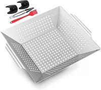 Unyqoos® : Panier de cuisson en acier inoxydable 430 – Grand panier de cuisson de 35,5 x 31,5 x 6 cm, idéal pour les légumes, le poisson et la viande, comprenant une pince à barbecue, une spatule de c
