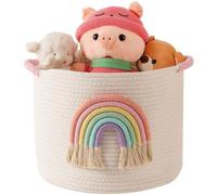 Unyqoos® : Panier de rangement spacieux pour jouets, fabriqué en corde de coton doux, avec une base stable, des poignées de transport roses et une décoration arc-en-ciel faite à la main, idéal pour le
