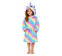 Unyqoos® - Peignoir pour fille, motif licorne - Arc-en-ciel, couleurs jaune/bleu/rose - Taille 104/110 - Polyester, avec capuche et poches, doux, idéal pour la douche et la natation