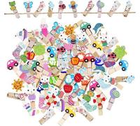 Unyqoos® : Pinces à linge décoratives en bois avec motifs de dessins animés – Mini-pinces à photos avec corde en jute, ressort en métal, 100 pièces (10 ensembles, 3,5 x 0,7 cm) pour présentoirs de pho