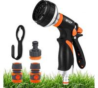Unyqoos® : Pistolet de jardin en métal pour tuyau d'arrosage – 8 modes de pulvérisation, buse de pulvérisation haute pression, alliage de zinc, revêtement en caoutchouc bicolore, 3 adaptateurs + 1 sup