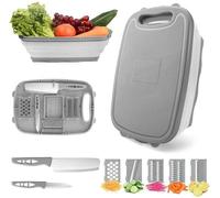 Unyqoos® Planche de découpe multifonctionnelle 9-en-1 : 5 lames interchangeables pour légumes, 2 couteaux, passoire pliable, plastique et silicone de qualité alimentaire, pliable (5,8 cm)