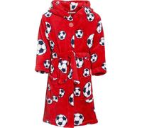 Unyqoos® Playshoes - Peignoir en polaire pour enfant, avec capuche, motif football, rouge, taille 134–140 cm, en polaire doux, avec 2 poches, ceinture à nouer, Oeko-Tex Standard 100, classe 1