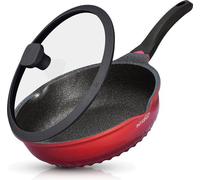 Unyqoos® Poêle 28 cm – poêle à frire peu profonde 3-en-1 (mini-wok, friteuse et poêle à mijoter) avec couvercle en verre résistant aux rayures, revêtement Greblon C3+3 plasma, compatible induction, ro
