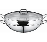 Unyqoos® - Poêle à frire en forme de wok, 36 cm, 4 pièces avec couvercle en verre et insert vapeur, en acier inoxydable Cromargan 18/10, capacité de 4,5 litres, hauteur de 9,75 cm, compatible avec les