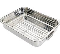 Unyqoos® - Poêle à rôtir en acier inoxydable, dimensions 35 x 28 x 6,5 cm, avec grille amovible - argentée, poignées pliantes, idéale pour une cuisson à faible teneur en matières grasses et pour les s