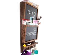 Unyqoos® Porte-lettres mural avec 2 compartiments, tableau effaçable et 3 doubles crochets à clés, en bois de paulownia, couleur marron rustique – Organisateur mural pour l'entrée