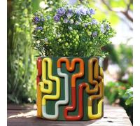 Unyqoos® Pot de fleurs multicolore, design circulaire – style bohème et vintage, résine, Ø 12,5 x H 12,5 cm, trou de drainage avec bouchon en caoutchouc, base antidérapante