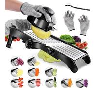 Unyqoos® Râpe à légumes 10-en-1 – Coupe-légumes multifonction avec lames en acier inoxydable, réglable de 0 à 9 mm (julienne 4,5/9 mm), avec gants de protection et brosse de nettoyage, dimensions : 41