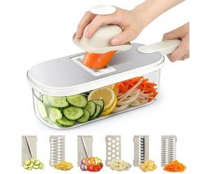 Unyqoos® : Râpe à légumes réglable – Un coupe-légumes polyvalent avec 6 lames en acier inoxydable, une épaisseur de coupe réglable, un bac de récupération et une poignée antidérapante