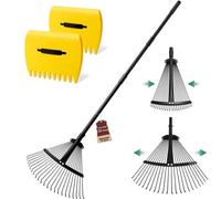 Unyqoos® Râteau à feuilles réglable, longueur 32–56 cm, 22 lames en forme de L – 40 % de puissance de nettoyage en plus, tête en acier inoxydable et en métal, manche télescopique 91–158 cm