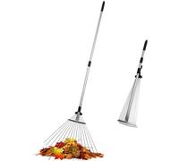 Unyqoos® Râteau de jardin télescopique réglable – râteau ergonomique pour ramasser les déchets de jardin, tête de 19 à 52 cm, longueur de manche de 82 à 160 cm, manche en aluminium, acier