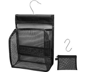 Unyqoos® Sac de rangement 2 en 1 avec crochets, noir – filet en PVC à séchage rapide et respirant, sac de toilette pliable et organisateur de douche pour la salle de bain, le sport et les voyages