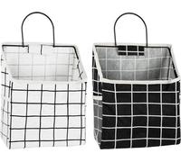 Unyqoos® : Sac de rangement suspendu – Organisateur mural pliable en coton et lin avec cadre métallique, 23 x 10 x 40 cm, imperméable, noir et blanc