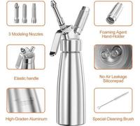 Unyqoos® Sahnesiphon 500 ml – Distributeur de crème en aluminium avec 3 buses de décoration en acier inoxydable et une brosse de nettoyage, étanche pour la crème, la crème fouettée et les mousses