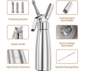 Unyqoos® Sahnesiphon 500 ml – Distributeur de crème en aluminium avec 3 buses de décoration en acier inoxydable et une brosse de nettoyage, étanche pour la crème, la crème fouettée et les mousses