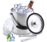 Unyqoos® : Seau à glace en acier inoxydable de 1,6 L – récipient à glace isolé à double paroi avec couvercle en silicone étanche, pince à glace et passoire, conserve la glace jusqu'à 48 heures.