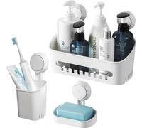 Unyqoos® : Set de 3 accessoires pour douche – Panier de douche avec ventouse, porte-savon et support pour brosses à dents, amovible, sans perçage, en plastique, blanc, pour salle de bain et cuisine