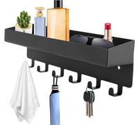 Unyqoos® Tableau d'affichage mural en métal avec étagère – Porte-clés mural, 6 crochets, noir, 24 x 4,5 x 7 cm, rangement gain de place pour clés et téléphone