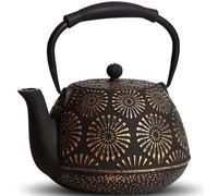 Unyqoos® Théière en fonte japonaise, 1,2 L, émaillée à l'intérieur, avec poignée en silicone résistante à la chaleur, filtre en acier inoxydable amovible, inclut une sangle en bambou et un sous-verre