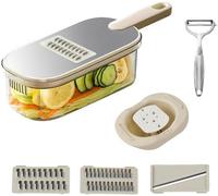 Unyqoos® : Trancheuse à légumes multifonctionnelle – 3 lames interchangeables (en acier inoxydable) pour trancher, râper et découper en julienne, panier de récupération de 1,5 L, protège-mains, amovib