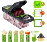 Unyqoos® : trancheuse multifonctionnelle pour légumes – 8 lames pour râper, couper en julienne, en dés et en spirales, incluant une brosse de nettoyage, un protecteur de doigts et une base antidérapan