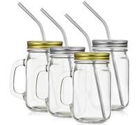 Uonlytech 4 Pièces Bocal à Boire 480 Ml en Herbe avec Poignée et Paille | Couvercle Inclus, Anti-déversement, Nettoyage Facile, pour Eau, Jus, Lait