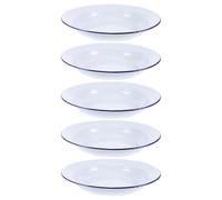 Uonlytech Assiette Émaillée Facile à Nettoyer Ronde 5 Pièces 16cm Blanche Vintage Bord Bleu, Design Empilable pour Réunions Familiales et Restaurants