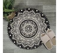 Uphome Petit Tapis Rond Mandala bohème avec Pompons et Franges, Lavable, Doux, antidérapant, pour lavabo, Chambre à Coucher, Chambre d'enfant, crèche, 0,9 m, Noir