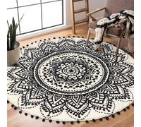 Uphome Tapis Rond bohème pour Chambre à Coucher - Tapis Rond Beige et Noir avec Pompons à Franges Mandala - Tapis Lavable antidérapant Doux pour Salon, canapé, Chambre d'enfant, Chambre d'enfant