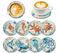 UPINS Lot de 8 dessous de verre en bois pour boissons, décoration côtière, océan, plage, tropical, pour pendaison de crémaillère, appartement, cuisine, bar, décoration de table basse