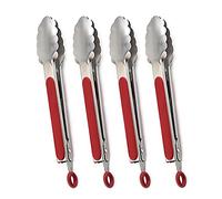 UPTALY Lot de 4 pinces à barbecue (26 cm) en acier inoxydable avec poignée rouge, pince à steak de petit taille, pince à steak épaisse, pince de service pour la cuisine, les grillades, les buffets