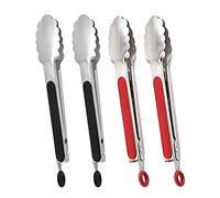 UPTALY Lot de 4 pinces à barbecue (26 cm), pinces à barbecue en acier inoxydable avec poignée rouge, grande taille pour nourriture, pince à steak épaisse, pince de service avec poignée noire