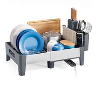 Urackify Egouttoir Vaisselle, Extensible Égouttoir à Vaisselle pour Comptoir de Cuisine, Égouttoir Vaisselle INOX avec Cadre en Aluminium, Égouttoir Peu Encombrant avec Porte-ustensiles, Gris