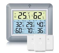 Urageuxy Thermomètre Intérieur Extérieur Connecté Hygromètre Numérique avec 3 Capteurs Sans Fil, Portée 100m, Grand Écran LCD, Enregistrement MIN/MAX, Précision Haute pour Maison, Jardin, Garage, Gris