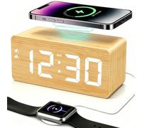 URAYCO Réveil numérique en bois avec chargeur sans fil rapide 10 W, ports de charge USB, DST, intensité variable, répétition, grand affichage LED pour chambre, bureau, table de salon, table de chevet