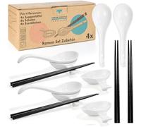 Urban Lifestyle Set Accessoires Ramen pour 4 Personnes Blanc, 4 Cuillères Ramen Porcelaine 17 cm, 4 Bols à Sauce avec Repose Cuillère et Baguette, 4 Paires Baguettes Bois, Set Ramen Pho Udon Sushi