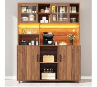 URBAN MEUBLE Buffet haut vaisselier effet bois noyer et vitrine en verre avec éclairage LED intelligent