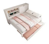 URBAN MEUBLE Canapé-lit 2 places avec lit escamotable, 140 x 190 cm, cadre en bois blanc, tête de lit de rangement, station de charge USB, ensemble 2 pièces