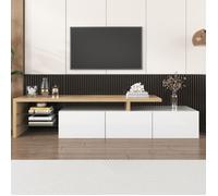 URBAN MEUBLE meuble TV moderne blanc brillant aspect bois éclairage LED avec 3 portes battantes et étagères en verre rangement