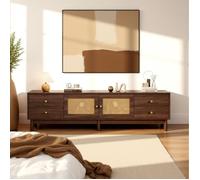 URBAN MEUBLE Meuble TV style vintage effet bois noyer avec 2 portes en rotin, 4 tiroirs