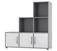 URBNLIVING Bibliothèque de rangement grise à 6 étagères en bois et métal avec portes en bois et poignées en métal (porte blanche, porte en bois, poignée en métal)